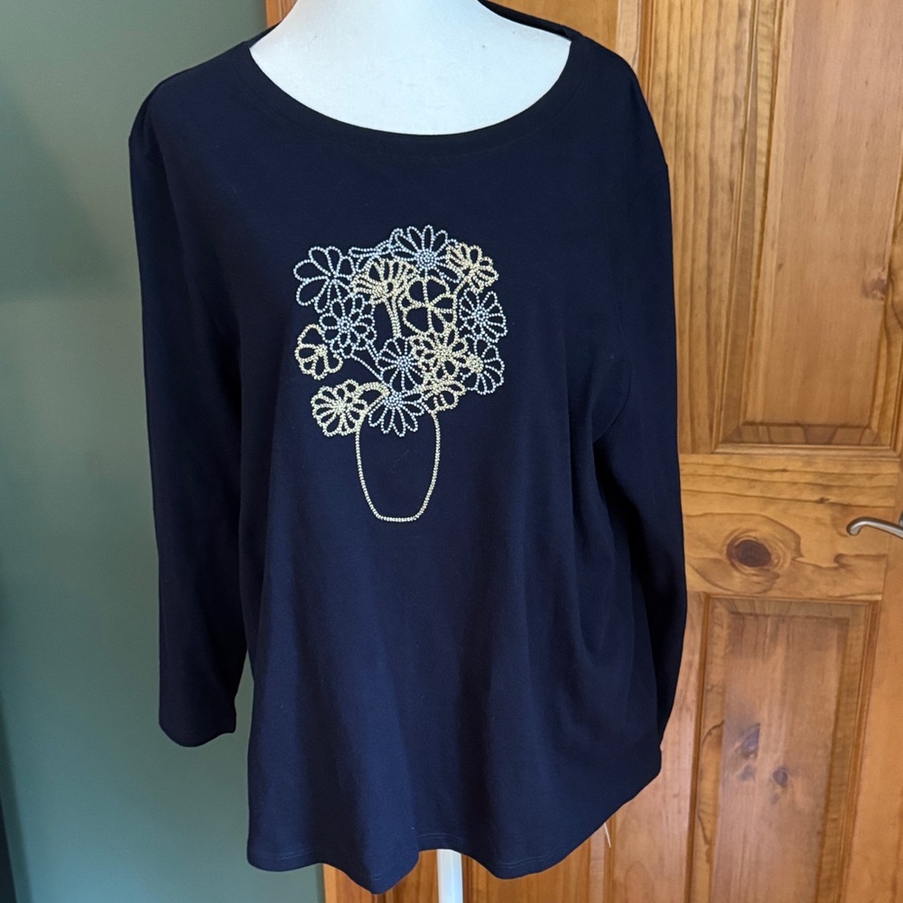 Navy Women's 3/4-Sleeve Top with Gold Floral Embroidery